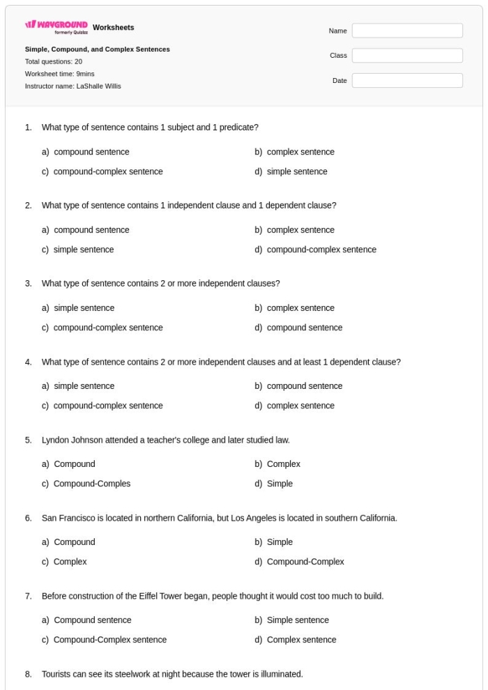 Worksheet for identifying sentence types: simple, compound, complex, or compound-complex