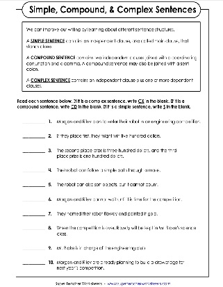 Seventh-grade worksheet for identifying sentence types: simple, compound, complex, and compound-complex