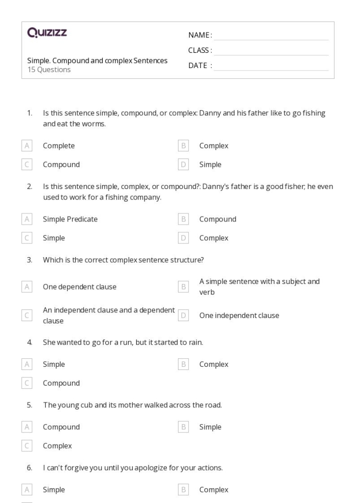 Seventh grade grammar worksheet for identifying simple compound complex and compound-complex sentences
