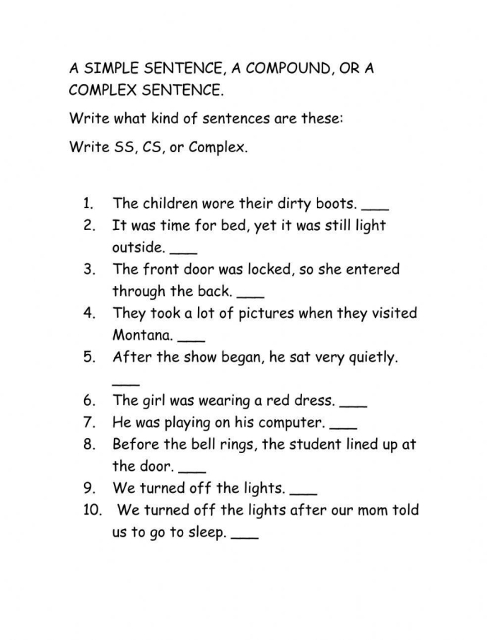 Seventh grade worksheet for identifying simple compound complex and compound-complex sentence structures