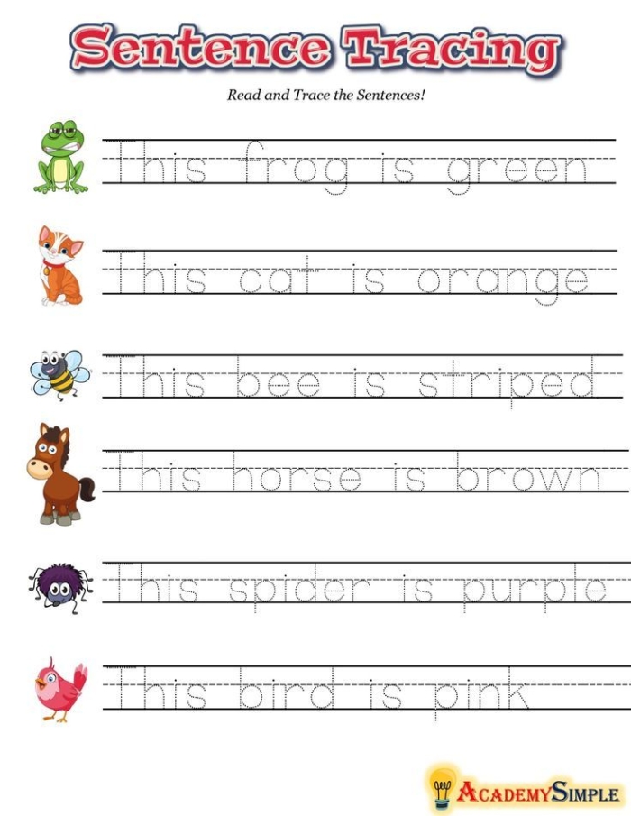 Worksheet for first graders to practice sentence writing about their favorite animals