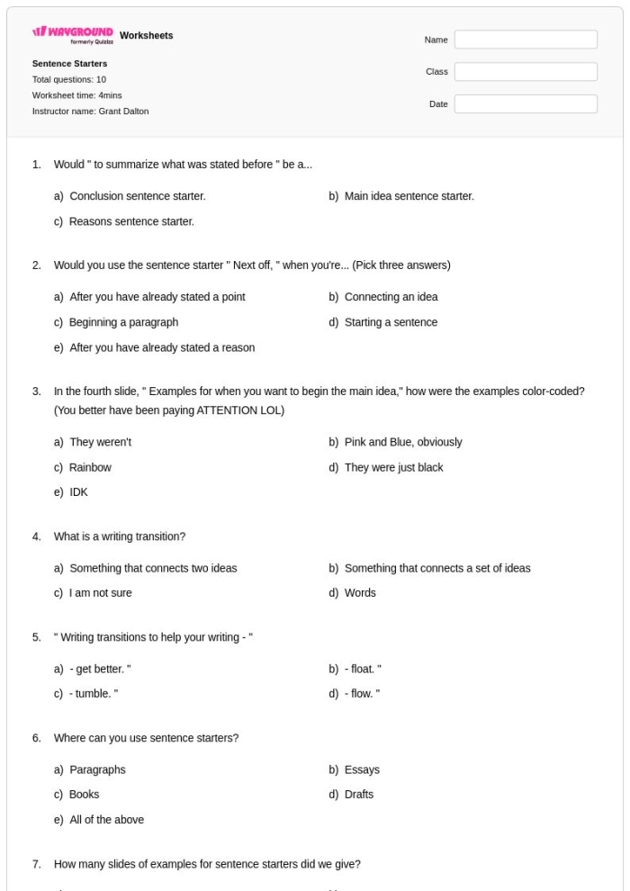 Simple sentence starter examples for beginning writers in elementary school First grade sentence starters worksheet with colorful prompts to help young writers begin their sentences