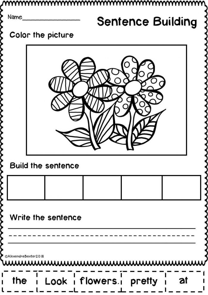 Grammar and Mechanics worksheet for First Grade Spring worksheet for first graders focusing on sentence writing and activities. Engaging worksheet prompts students to complete sentences about their favorite spring activities.
