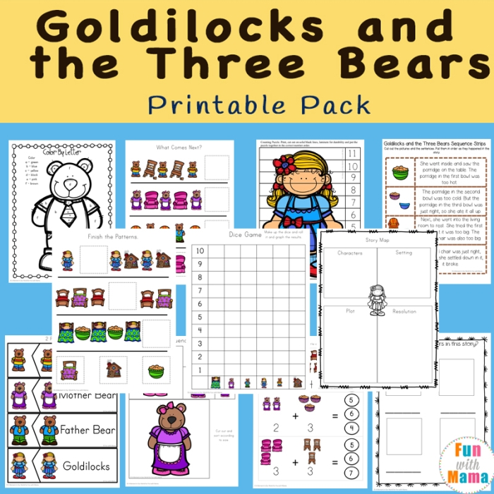 Pre-K student worksheet featuring Goldilocks and the Three Bears for practicing story sequencing skills