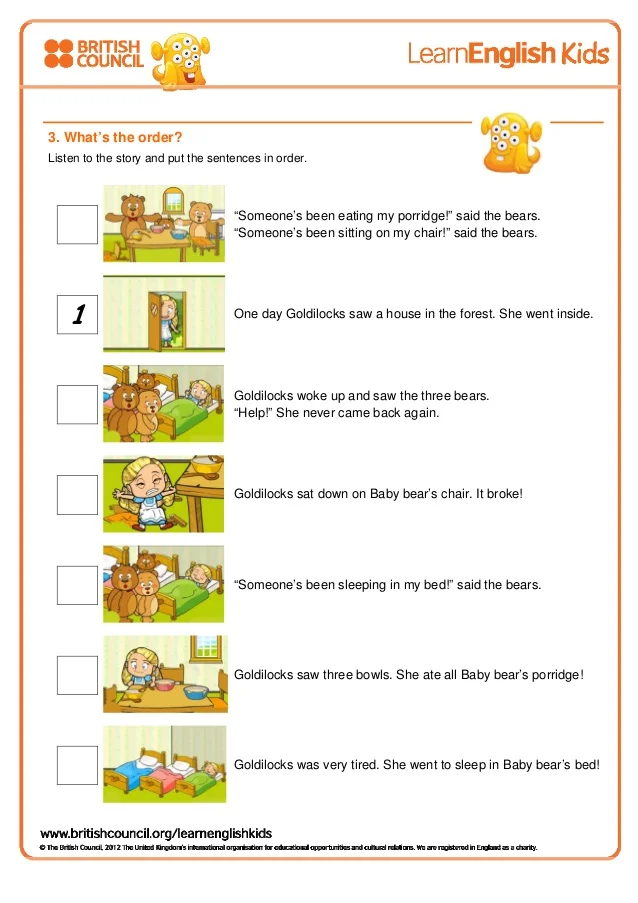 Worksheet for sequencing the story of Goldilocks and the Three Bears