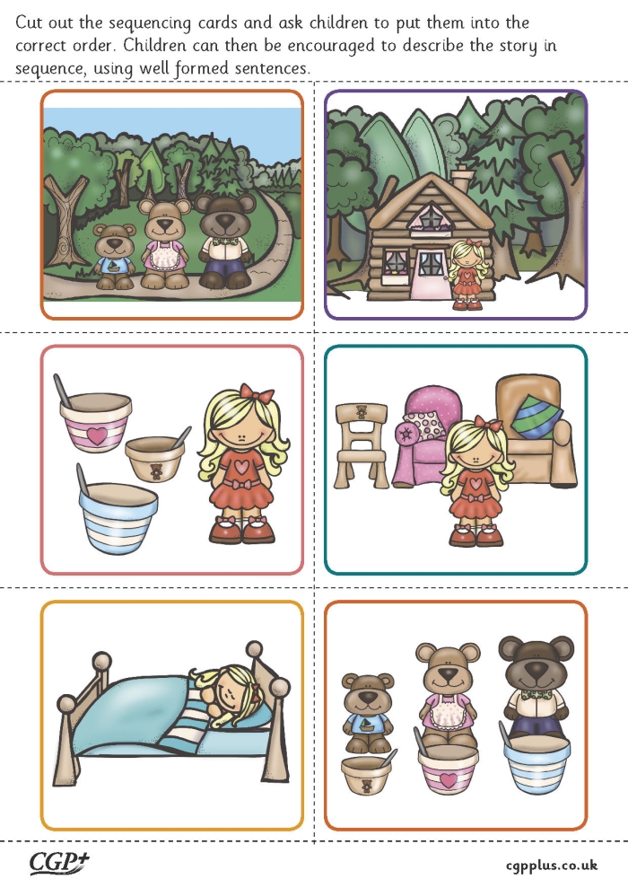 Pre-K students arranging scenes from Goldilocks and the Three Bears in the correct chronological order on a printable worksheet