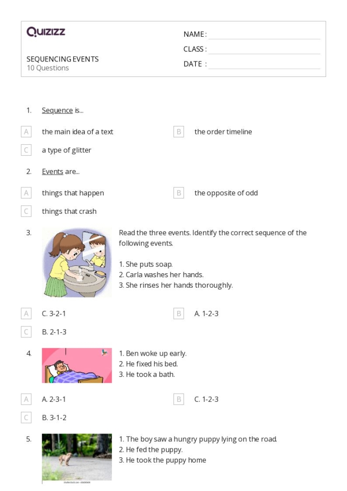 Second grade sequence of events worksheet featuring a three-part story structure