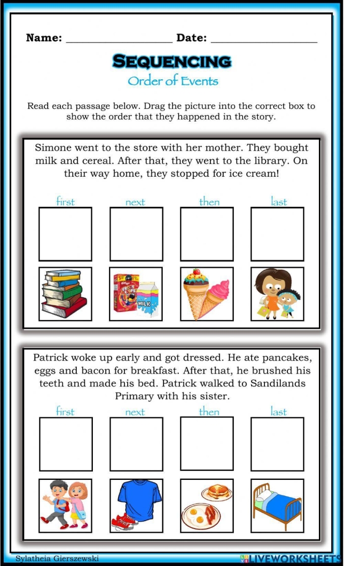 A young student identifying the beginning, middle, and end of a short story using picture clues for the Sequence of Events worksheet