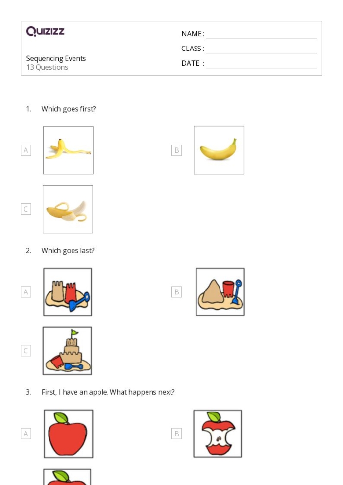 A young student identifying the beginning, middle, and end of a short story using picture clues and sequence of events boxes on a second grade worksheet