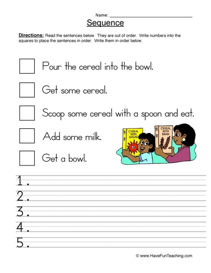 A second grade student fills out a sequence of events worksheet about ordering story details from beginning to end