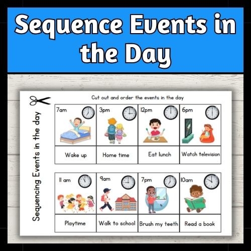 Sequencing Your Day worksheet for early childhood reading development. A Pre-K student using scissors to cut and paste daily routine pictures for a sequencing activity.