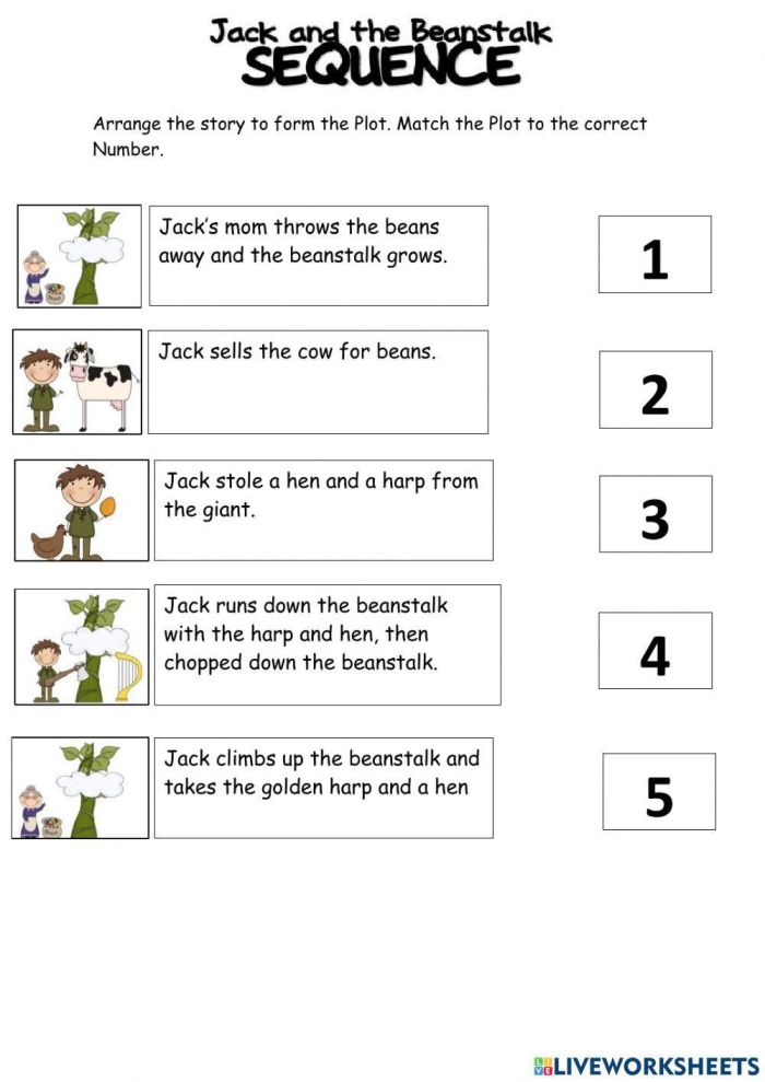 Kindergarten student sorting cut-out picture cards to fix the scrambled Jack and the Beanstalk story sequence