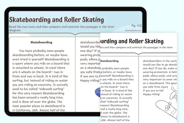 Children's worksheet for story sequencing about roller skating friends