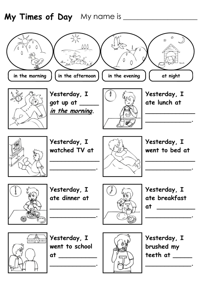 Illustration of a Pre-K worksheet focusing on daily routines and story sequencing Children engaging in a cut-and-paste activity on the Sequencing Your Day worksheet