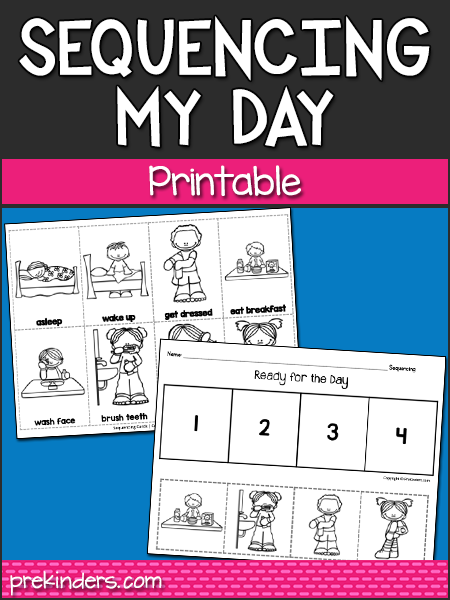 Sequencing Your Day worksheet number four showing a daily routine matching activity for preschoolers Pre-K student working on a cut-and-paste activity to arrange daily tasks in the correct order for worksheet four