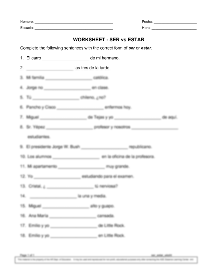 Fourth grade Spanish worksheet focusing on the differences between ser and estar verbs