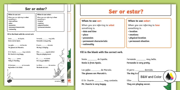 Fourth grade Spanish worksheet focusing on the differences between ser and estar verbs