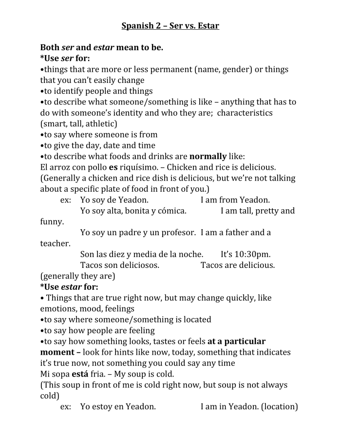 Fourth grade Spanish worksheet focusing on the differences between ser and estar verbs