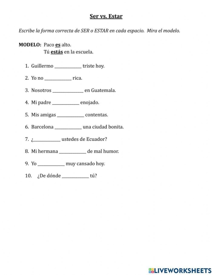 Fourth grade Spanish worksheet exercise 21 showing ser versus estar verb usage practice problems with fill-in-the-blank sentences