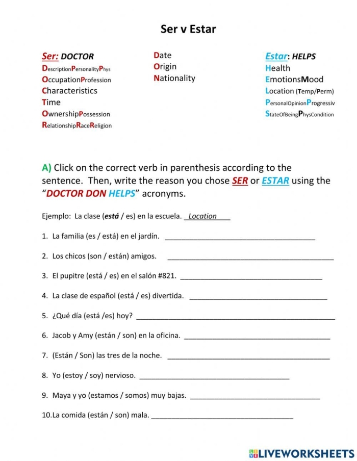 Fourth grade Spanish worksheet exercise 10 showing practice problems for distinguishing between ser and estar verb usage