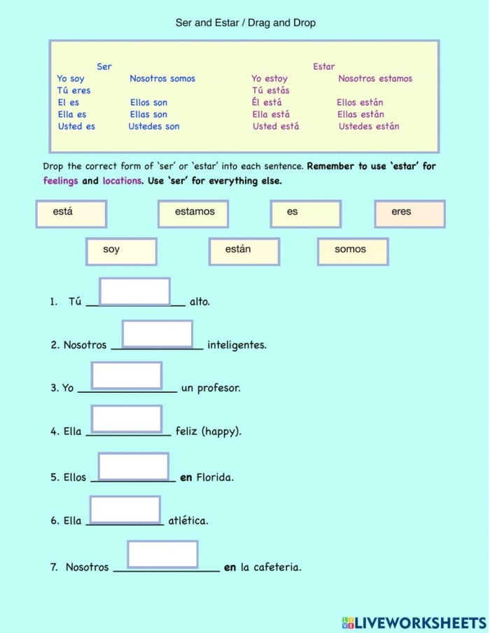 Fourth grade Spanish worksheet exercise 5 showing practice problems for distinguishing between ser and estar verbs