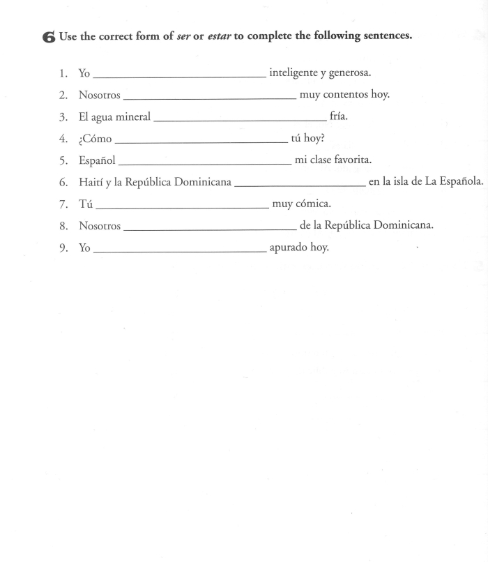 Fourth grade Spanish worksheet focusing on the differences between ser and estar verb usage