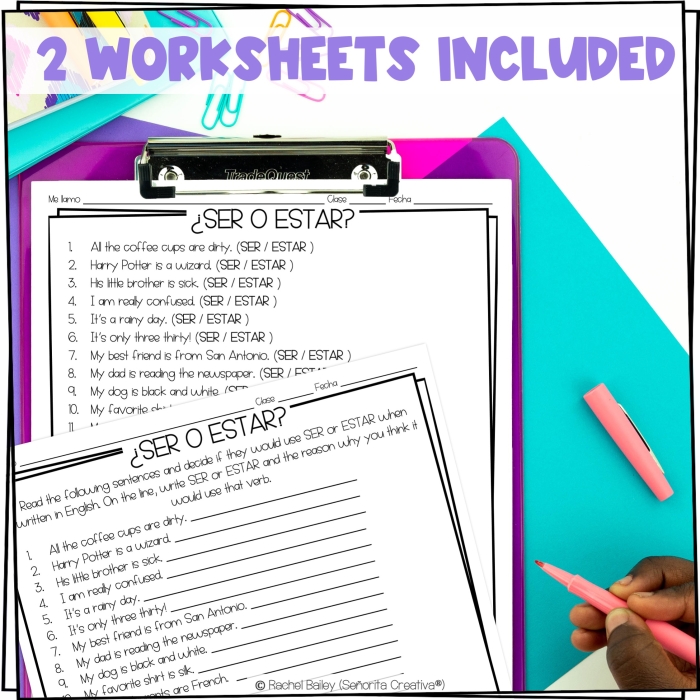 Fourth grade Spanish worksheet for practicing the difference between the verbs ser and estar 15