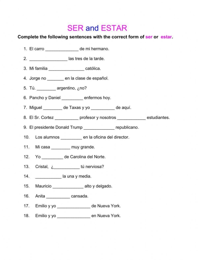 Fourth grade Spanish worksheet focusing on the differences between ser and estar verbs