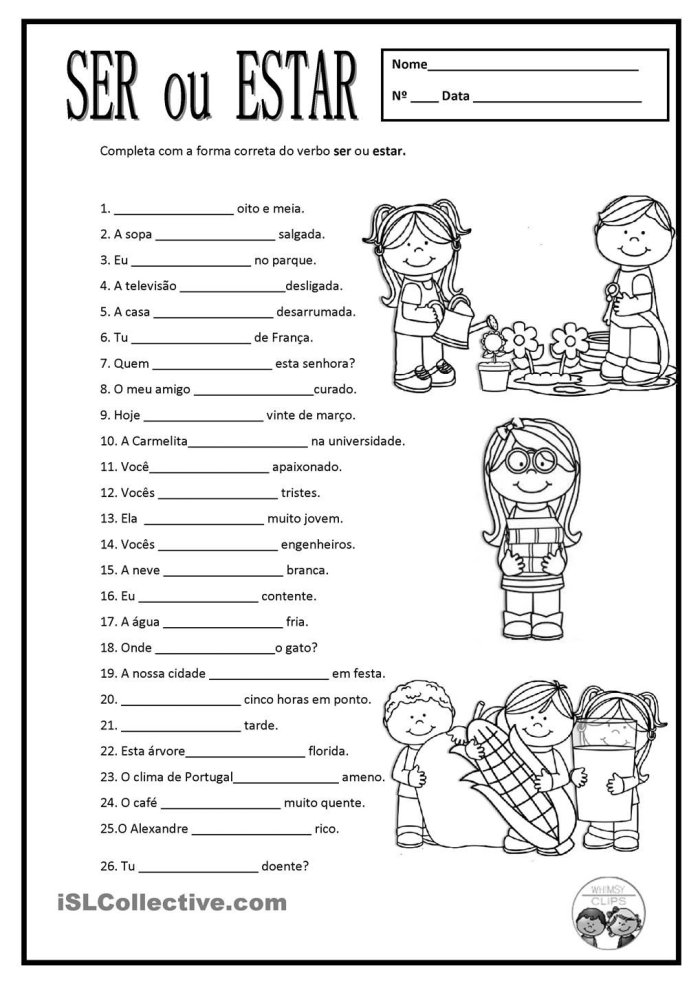 Fourth grade Spanish worksheet focusing on the differences between ser and estar verbs