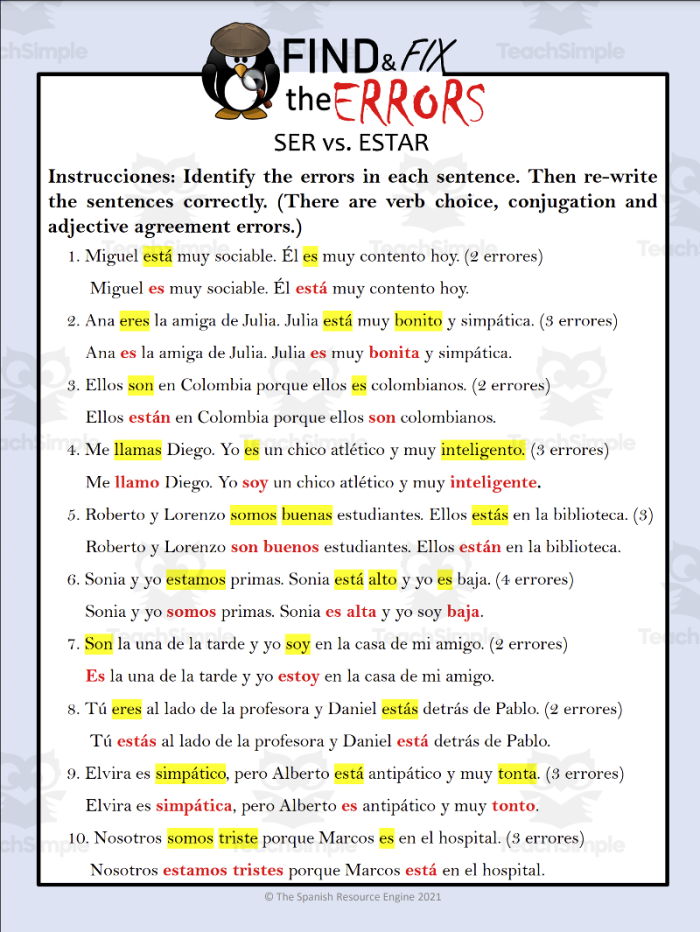 Fourth grade student completing a Ser vs Estar practice worksheet numbered 24