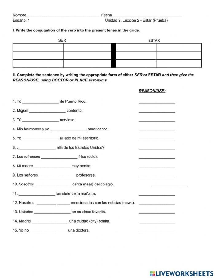 Fourth grade Spanish worksheet showing practice exercises for distinguishing between ser and estar verbs with example sentences and fill-in-the-blank activities