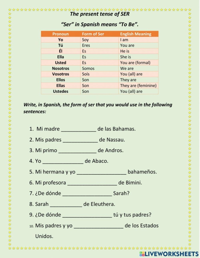 Fourth grade Spanish worksheet showing ser versus estar verb conjugation practice exercises with example sentences