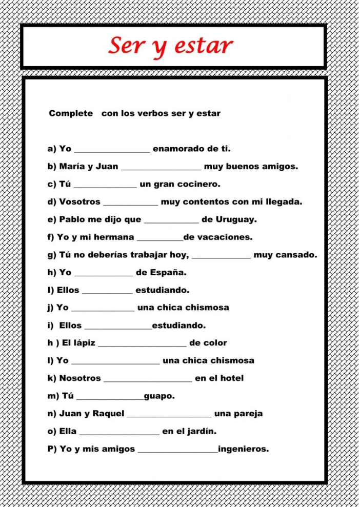 Fourth grade Spanish worksheet focusing on the differences between ser and estar verbs