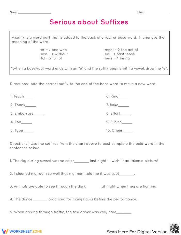 Worksheet for practicing suffixes in third-grade reading skills