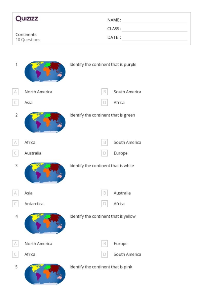 Colorful worksheet featuring the seven continents for kids to cut out and arrange on a globe