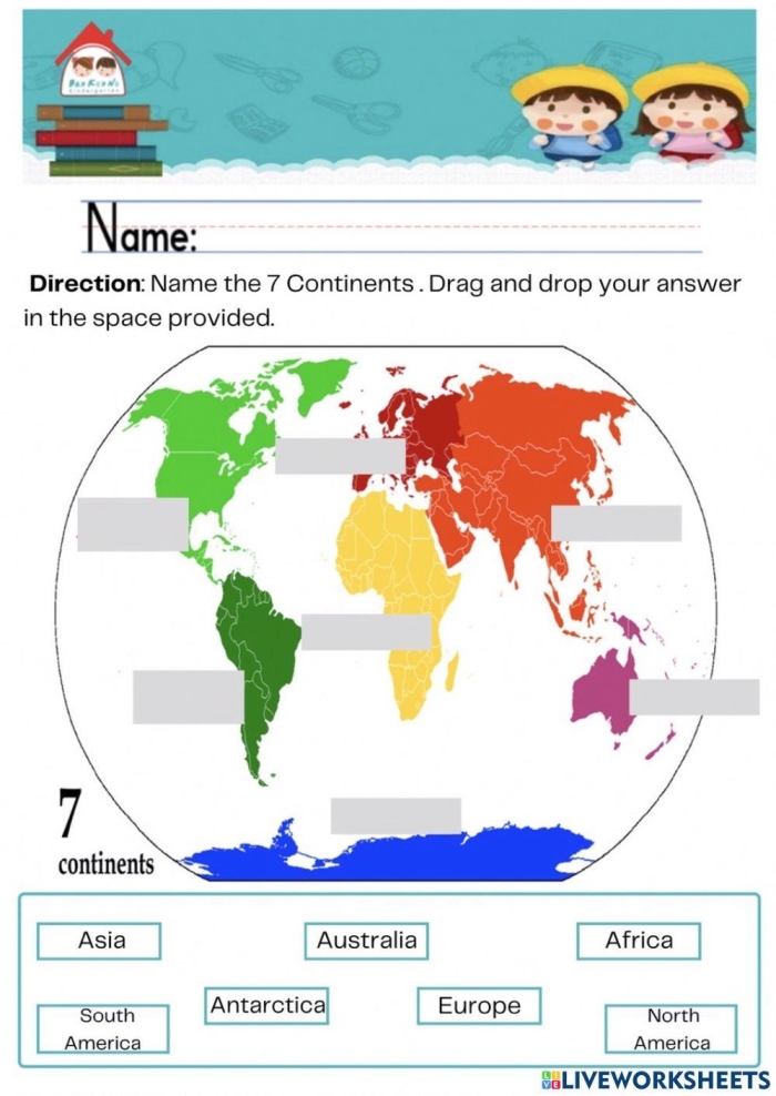 Fourth grade student using scissors to cut out world map shapes for a Seven Continents worksheet