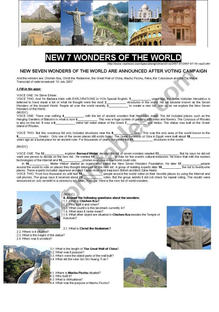 Sixth grade worksheet featuring a map and research prompts for The New Seven Wonders of the World