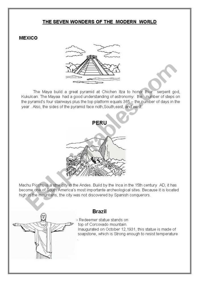 Sixth grade students researching facts about the New Seven Wonders of the World on a math worksheet
