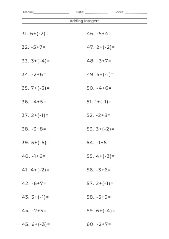 Seventh grade math student working on an add and subtract integers worksheet