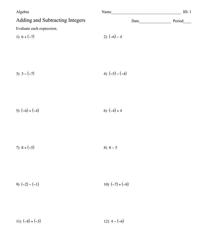 Worksheet for seventh graders practicing the addition of integers