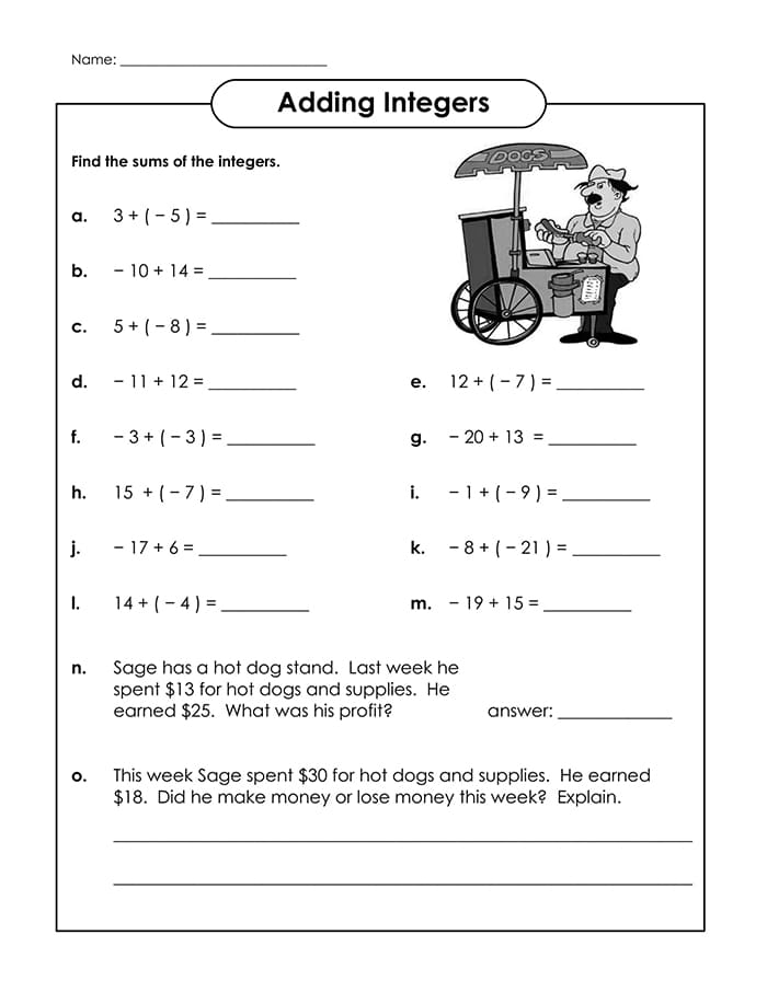 Seventh grade math worksheet featuring practice problems for adding integers