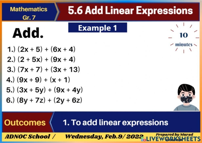 Adding Linear Expressions Practice Worksheet 8 Seventh grade math worksheet page featuring various problems on adding linear expressions for students