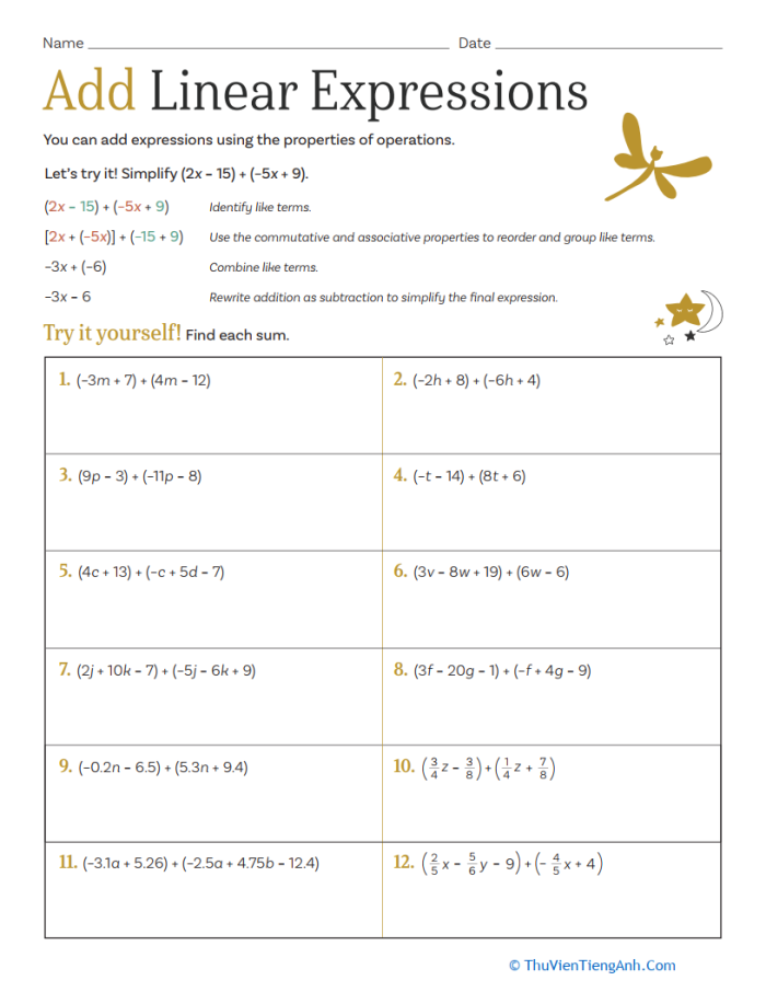 Adding Linear Expressions Practice Worksheet for Grade 7 Algebra 16 Seventh grade math worksheet focusing on adding linear expressions using exponent properties
