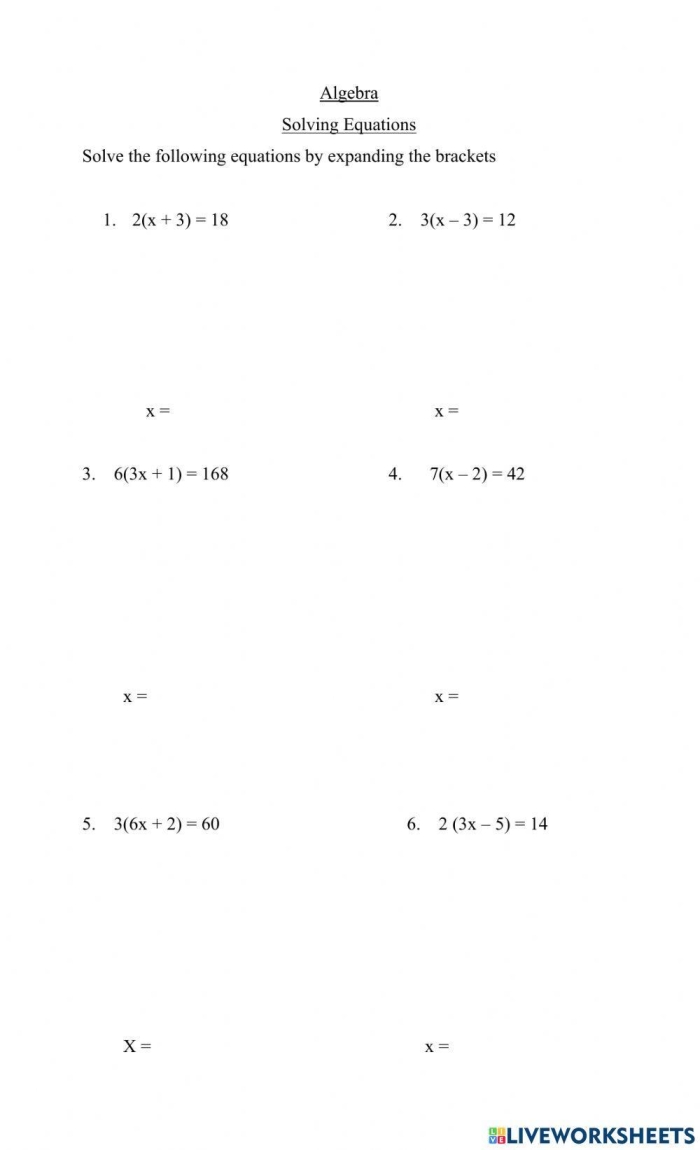 Worksheet featuring seventh-grade students practicing solving equations with parentheses
