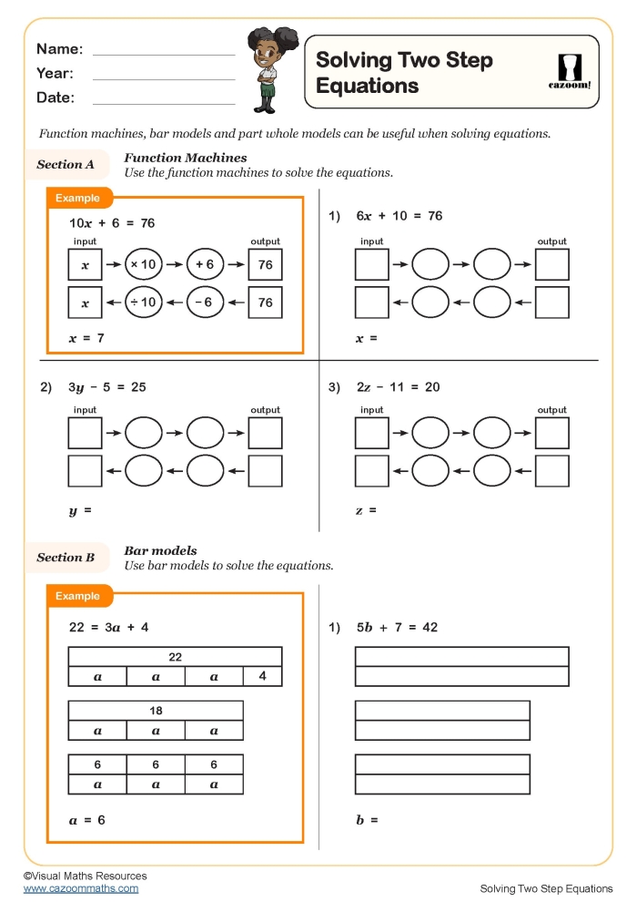 Worksheet featuring two-step equations practice for seventh graders