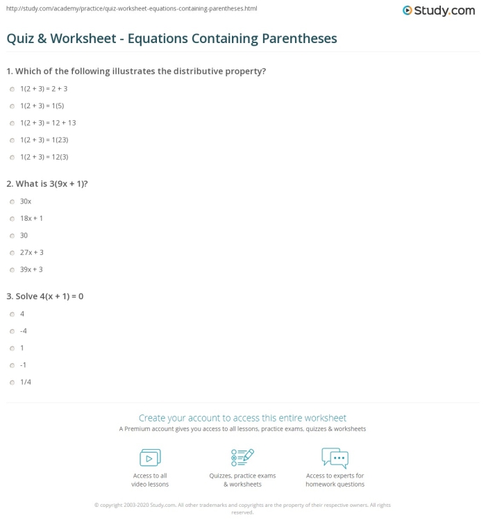 Worksheet for practicing solving equations with parentheses for seventh graders
