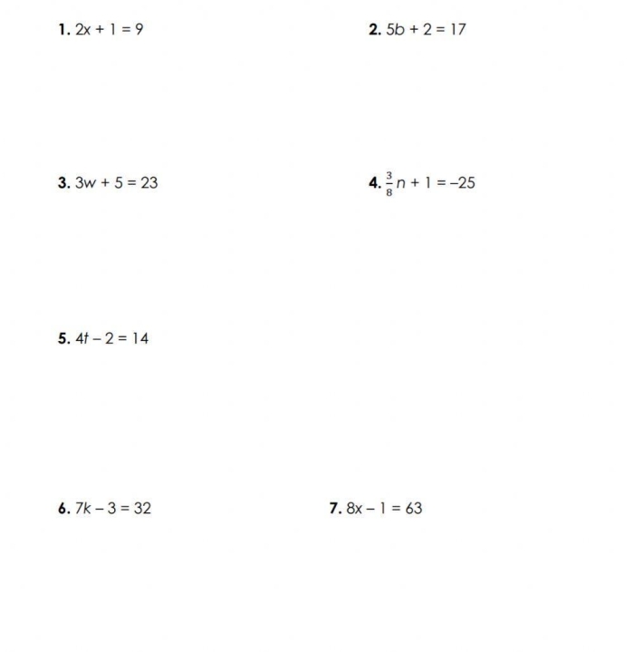 Solving Two-Step Equations Level 1 Multiplication Worksheet 14 Seventh grade students practicing algebra with a two-step equations worksheet 14