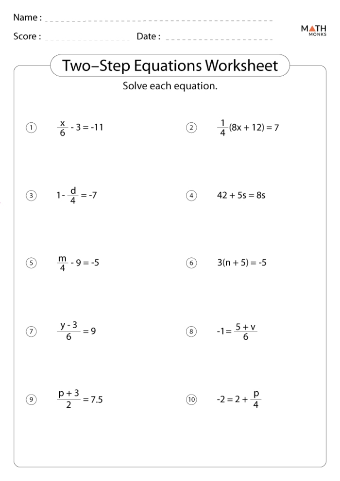 Worksheet featuring two-step equation word problems for seventh-grade students