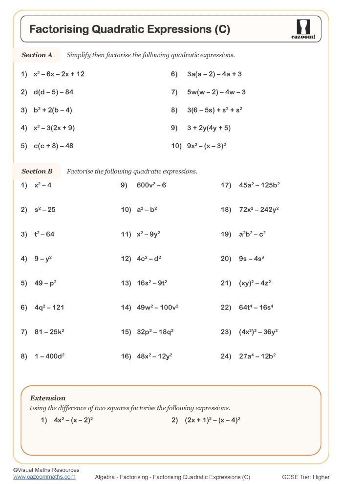 Seventh grade student solving expanding and factoring linear expressions problems on an algebra worksheet
