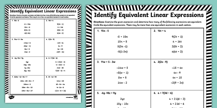 Identifying Equivalent Linear Expressions Practice Activity for Grade 7 Math Seventh grade student working through equivalent linear expressions algebra problems on a worksheet